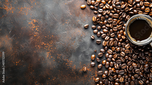 A cup of coffee is surrounded by a pile of coffee beans