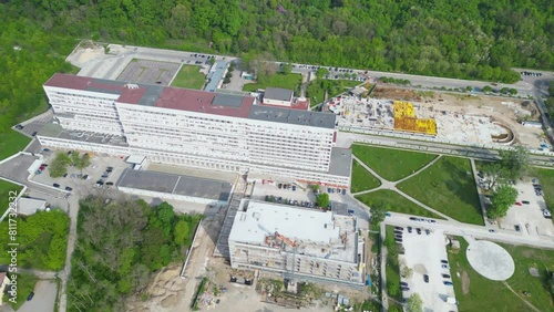 Wallpaper Mural Aerial footage of the Saint George university hospital in Plovdiv.  Drone shot of the state medical hospital Sveti Georgi in the second largest city of Bulgaria. Brutalist architectures of surgeries.
 Torontodigital.ca