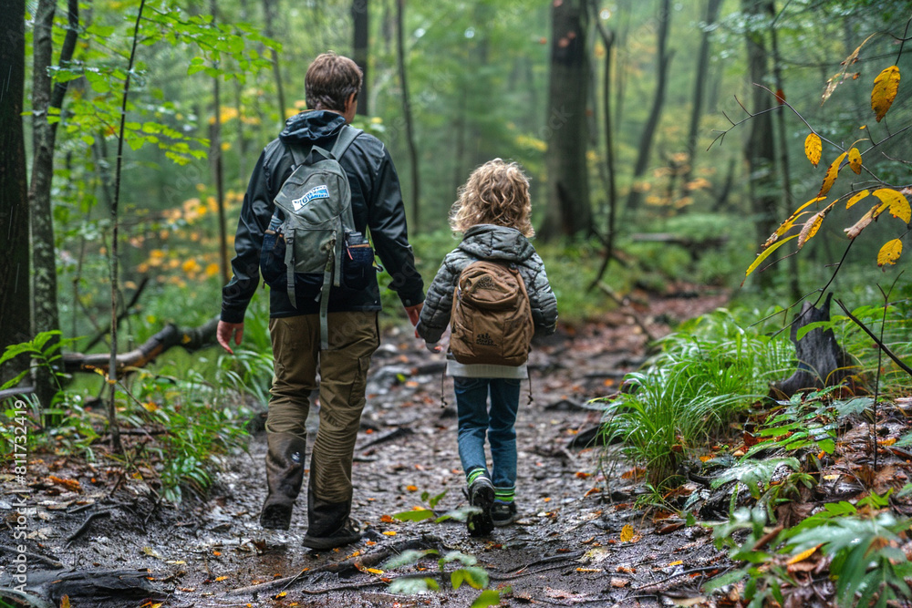 Father and Child Hiking in Lush Woodland Father and Child Hiking in Lush Woodland