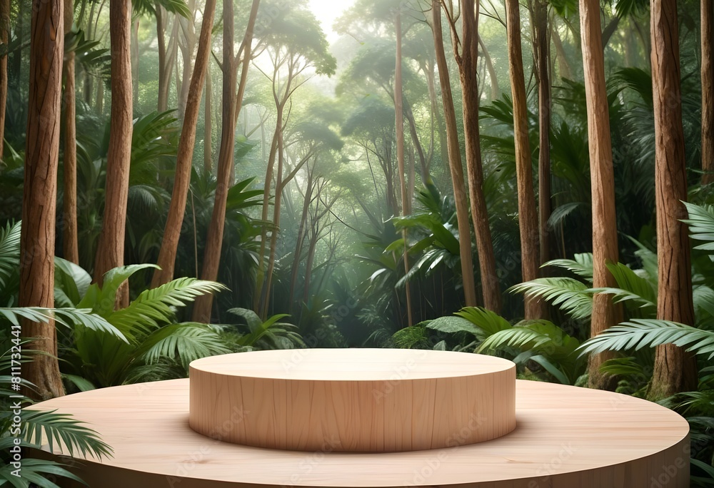 Photo concrete wooden podium in the tropical forest for product presentation and green tree background Photo concrete wooden podium in the tropical forest for product presentation and green tree background