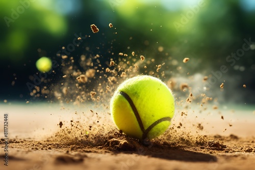 Tennis ball on the tennis court with flying tennis ball in action © Creative