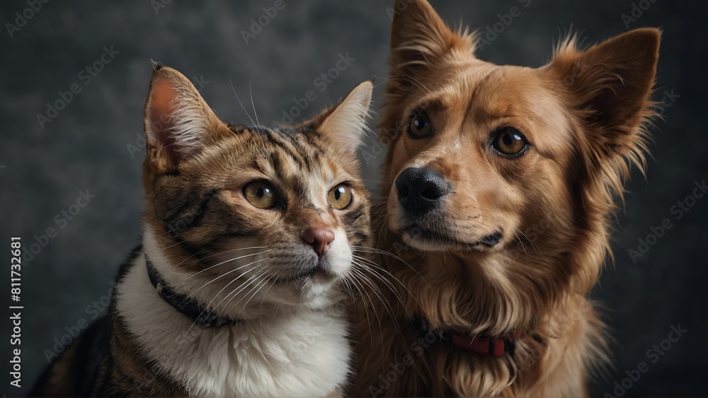 Portrait of Happy dog and cat that looking at the camera together isolated on transparent background, friendship between dog and cat, amazing friendliness of the pets.