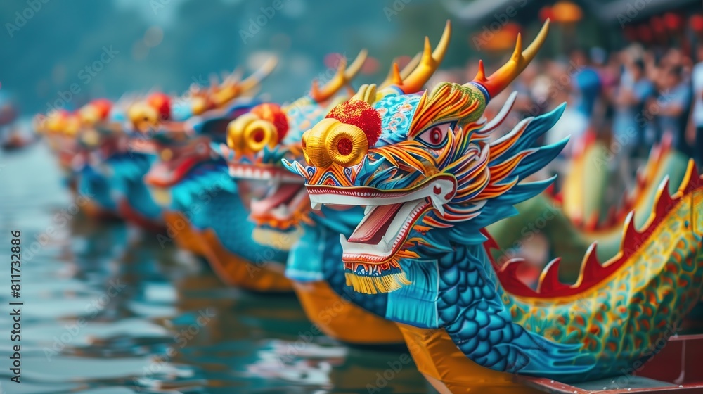 Chinese dragon boats lined up on the river, decorated with colorful painted heads and horns of dragons