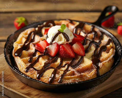 Skillet-Baked Dutch Baby with Strawberries and Chocolate Sauce photo