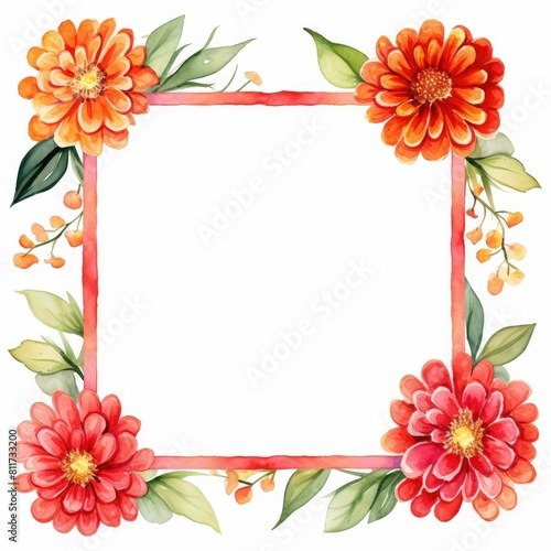 zinnia themed frame or border for photos and text. bold and vibrant colors. watercolor illustration, flowers frame, botanical border, An illustration for printing design, textile.