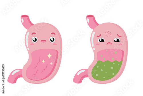 Healthy and sick Cartoon stomach. Healthy and sick stomach. Gastritis and heartburn. Improper diet, acid, infection. Stock vector illustration isolated on white background.