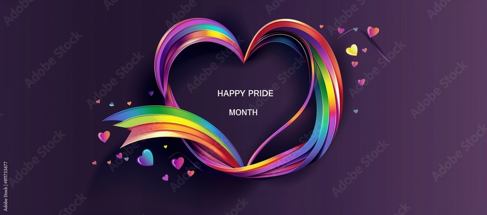 Pride month banner design with rainbow ribbon forming heart shape, text ...