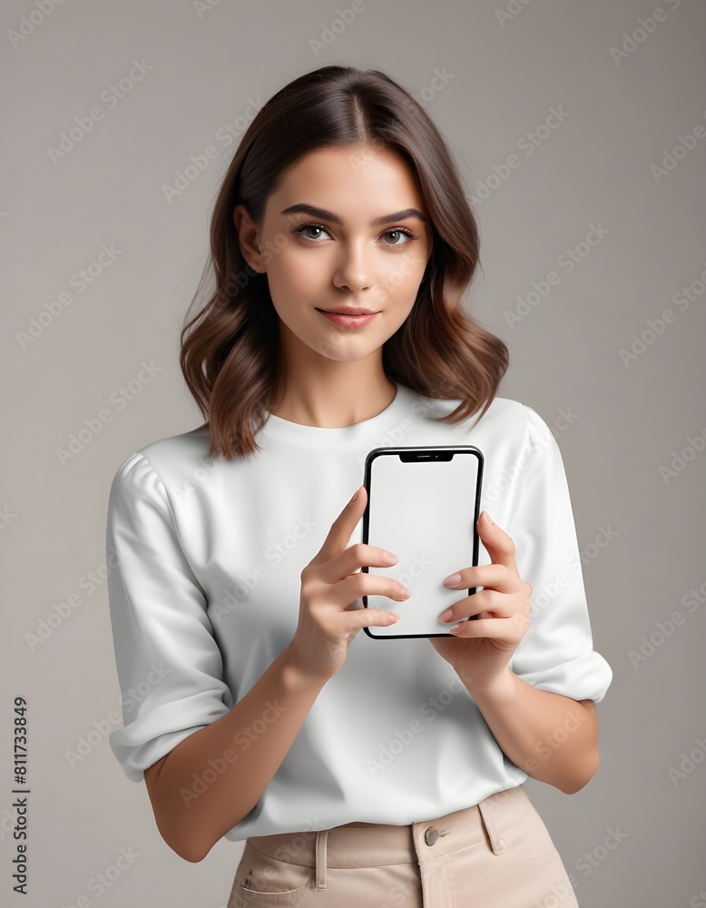 Portrait of a smiling woman using a smartphone, chatting on social media, standing with cell phone mockup Portrait of a smiling woman using a smartphone, chatting on social media, standing with cell phone mockup