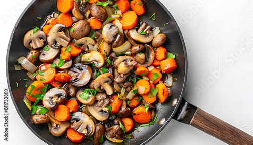 onion and mushrooms in olive oil in a small black frypan photo