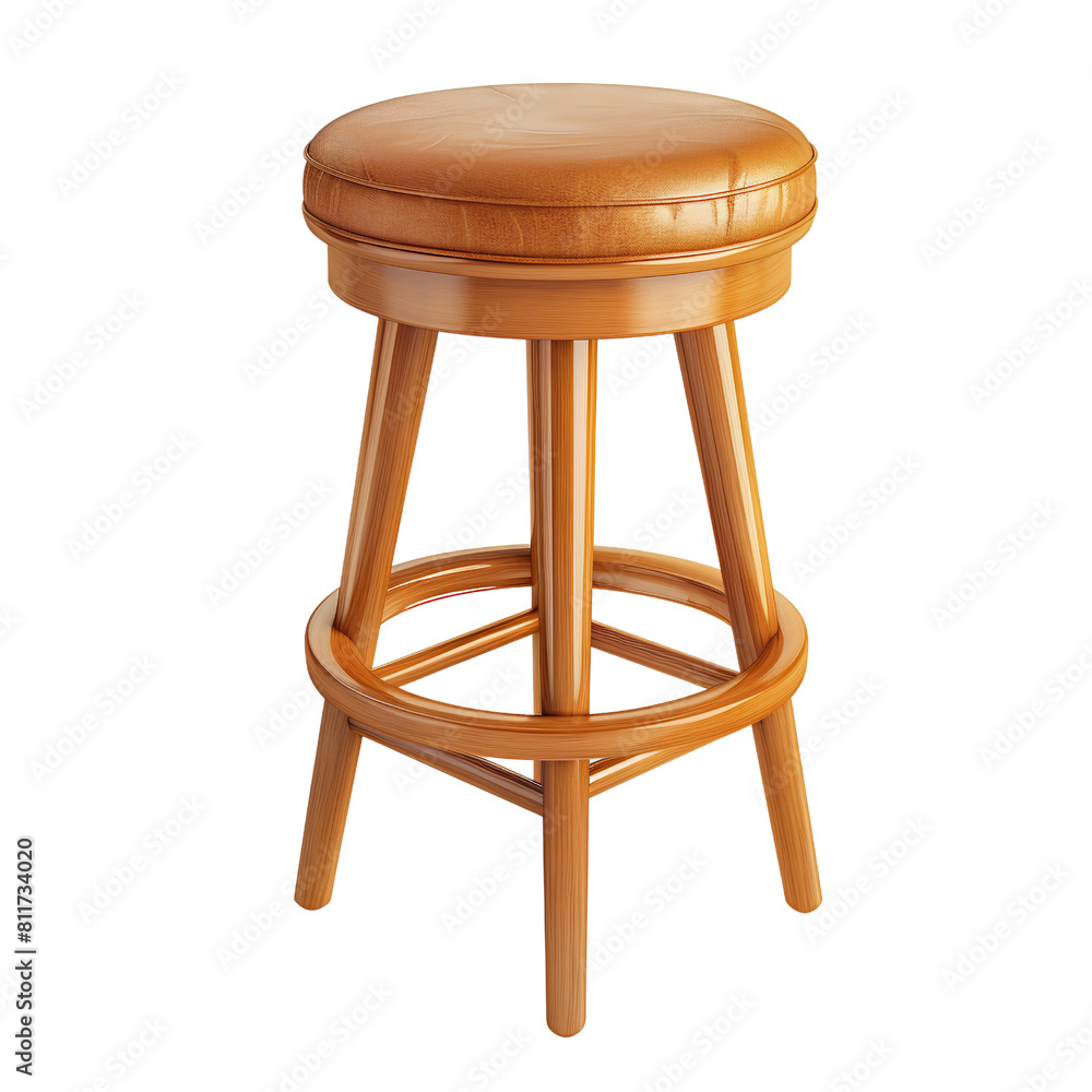 Wooden Bar Stool with Cushioned Leather Seat and Footrest, isolated, transparent background, white background, no background Wooden Bar Stool with Cushioned Leather Seat and Footrest, isolated, transparent background, white background, no background