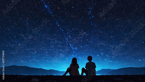 silhouette of a couple looking at the stars at night photo