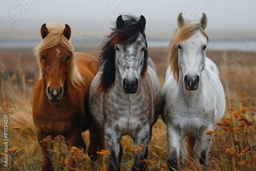 Intimate portrait of three horses showing distinct personalities against a backdrop of rich autumn foliage