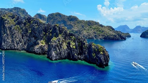 Aerial view of One of the best island and beach destination in the world, a stunning view of rocks formation and clear water of El Nido Palawan, Philippines. photo