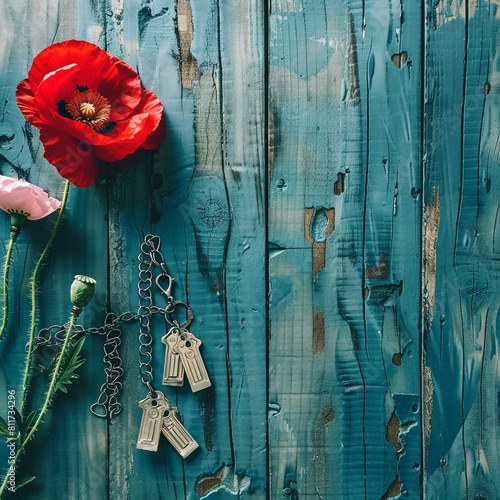 Memorial Day symbolic decor with a red poppy and soldier's tags on dark blue vintage wood. photo