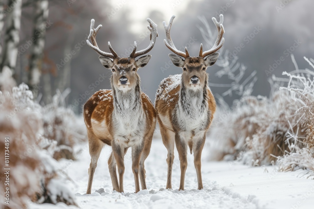 This image captures two deer with frost-coated fur standing in a winter scene, signifying survival and beauty This image captures two deer with frost-coated fur standing in a winter scene, signifying survival and beauty