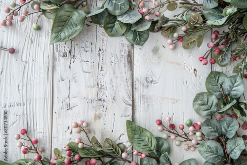 Whitewashed wood adorned with est green and blush berries  Memorial Day design.