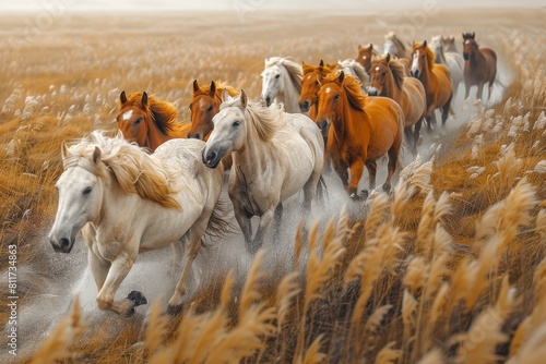A dynamic and vivid image of a herd of wild horses galloping through a golden wheat field  showcasing magic and freedom