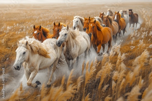 A dynamic and vivid image of a herd of wild horses galloping through a golden wheat field, showcasing magic and freedom