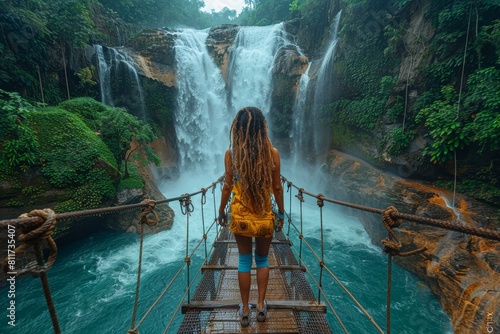 An adventurous woman seen from behind marveling at a breathtaking, powerful waterfall surrounded by lush greenery