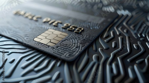 A hyper-realistic close-up of a credit card with a futuristic design and advanced security features like embedded fingerprint scanners.