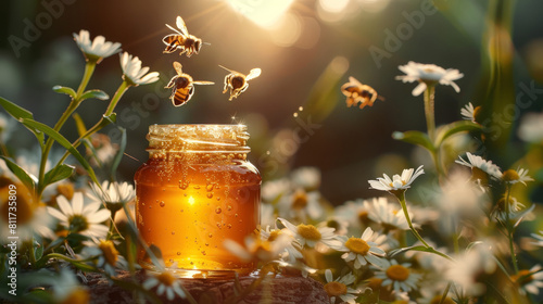 A raw honey in a luxurious jar and three honey bee flying on it natural items like flower, in outdoor green farm background. Generative AI. photo
