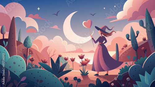 Enchanted Evening: Lady with Heart-Shaped Balloon Amidst Blossoms