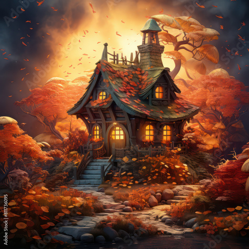 Wallpaper Mural Cabin in the Wood, Cartoon Illustration, Generative AI Torontodigital.ca