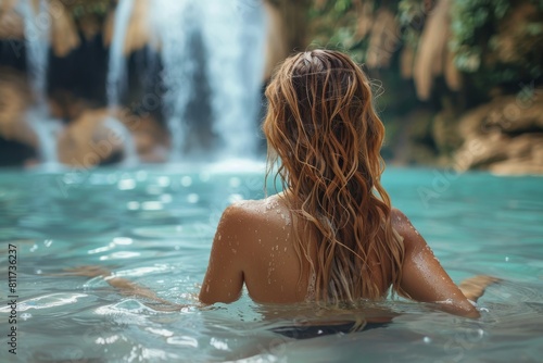 A female enjoys tranquility in a natural pool with a scenic waterfall backdrop, emphasizing peace and relaxation