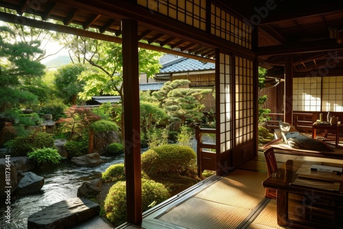 Japanese ryokan traditional inn with a tranquil garden view background  AI generated