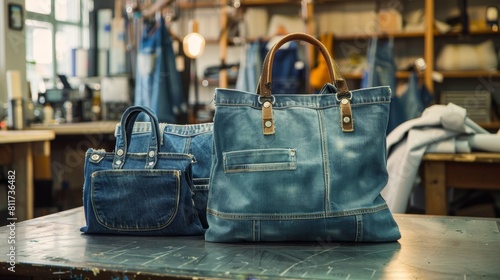 Recycling Concept: Upcycle old jeans into handbags on a dressmaker's table for sustainability