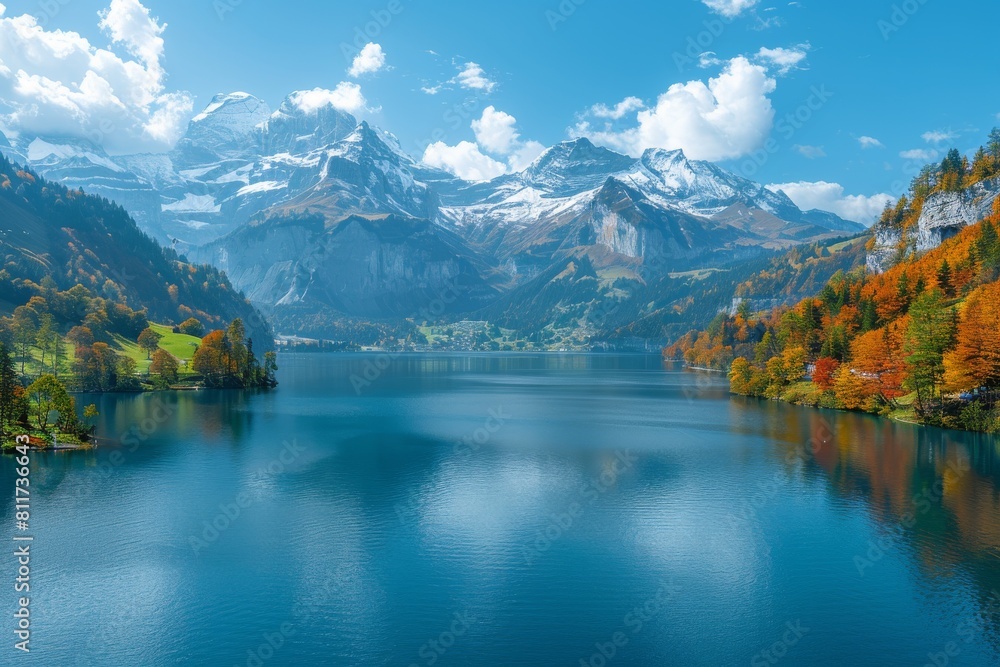 Fototapeta premium Crystal clear lake with vibrant autumn foliage on the surrounding hills and majestic mountains behind