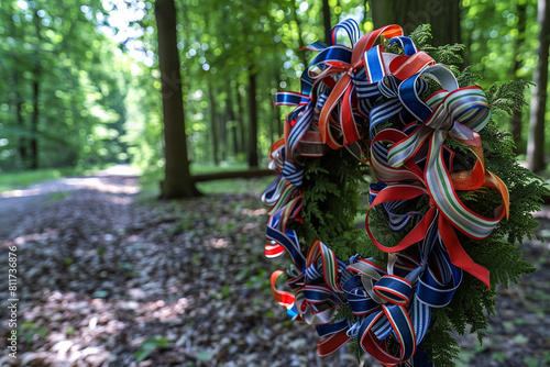 est clearing with a Memorial Day wreath of intricate ribbon work. photo