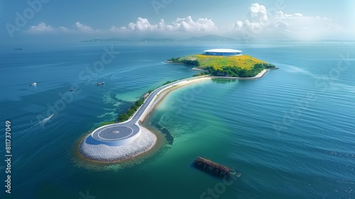 Aerial Vision  the Artificial Island in sea. Generative AI.