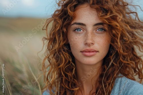 A contemplative young woman with ginger hair stands on a beach, windblown curls photo