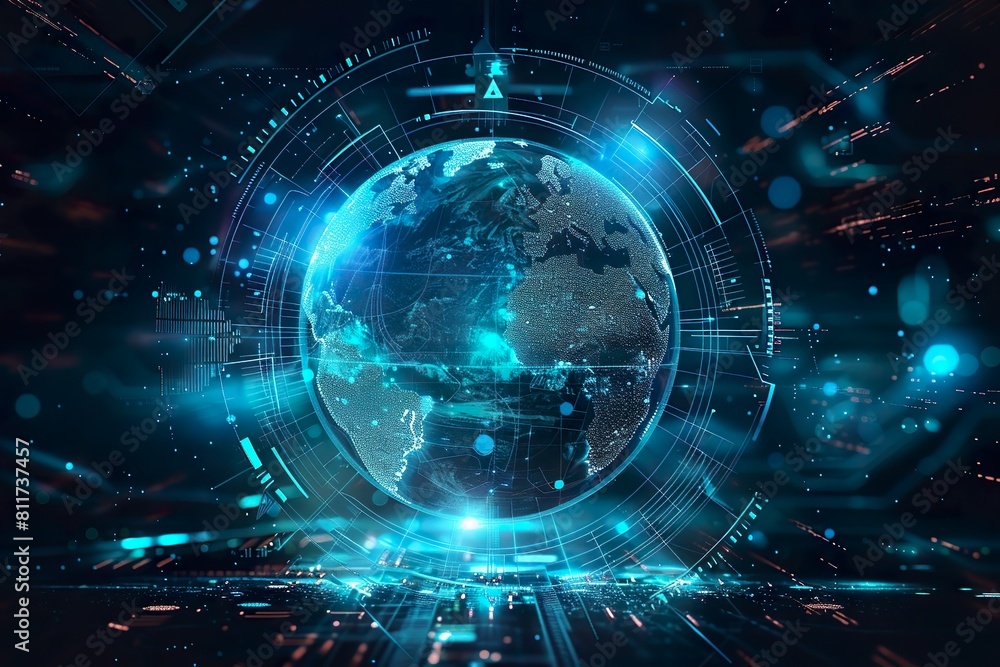 Glowing Holographic Earth Globe on Blue Background - Global Business Technology Concept - World Map Glowing Holographic Earth Globe on Blue Background - Global Business Technology Concept - World Map