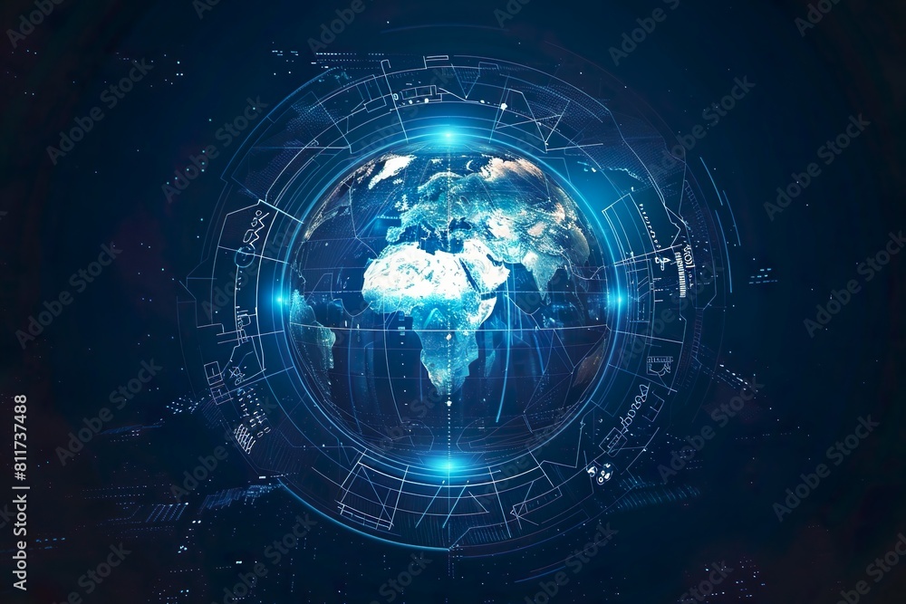 Glowing Holographic Earth Globe on Blue Background - Global Business Technology Concept - World Map Glowing Holographic Earth Globe on Blue Background - Global Business Technology Concept - World Map