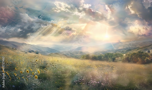 AI paesaggio naturalistico con fiori gialli e nuvole 011 photo