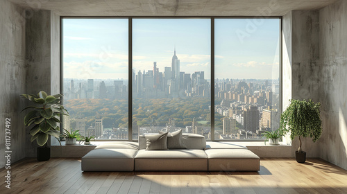 A minimalist living room with a simple, low-profile sofa and a massive window with a city view