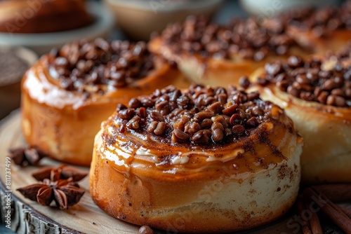 Close-up of richly caramel-glazed cakes garnished with a generous sprinkle of chopped nuts and spices