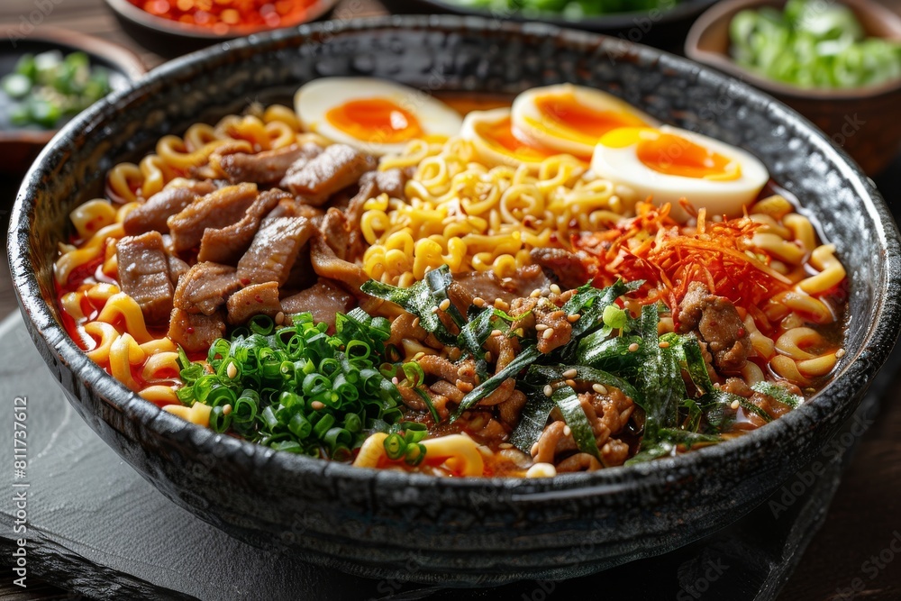 A savory and hearty bowl of ramen is filled with pork slices, soft-boiled egg, and fresh vegetables, perfect for a filling meal A savory and hearty bowl of ramen is filled with pork slices, soft-boiled egg, and fresh vegetables, perfect for a filling meal