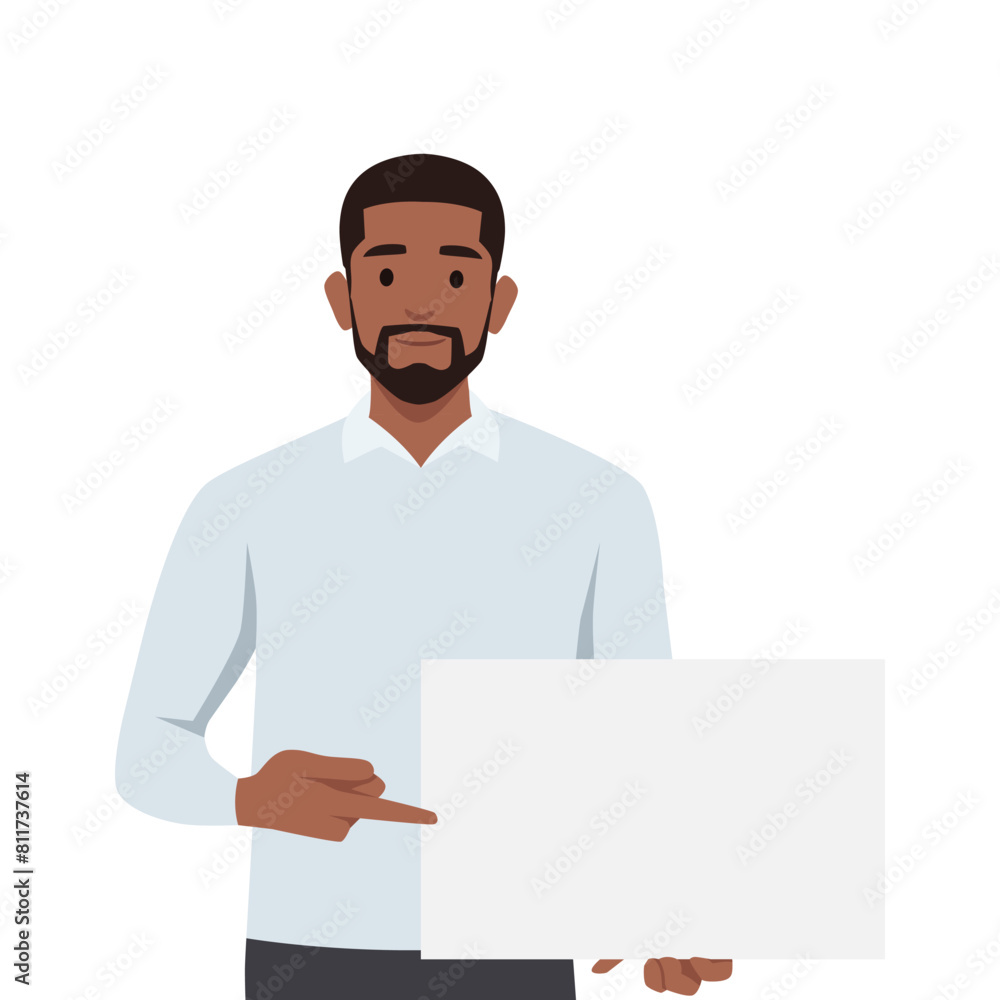 Happy young man holding, showing, displaying white blank board. Happy young man holding, showing, displaying white blank board.