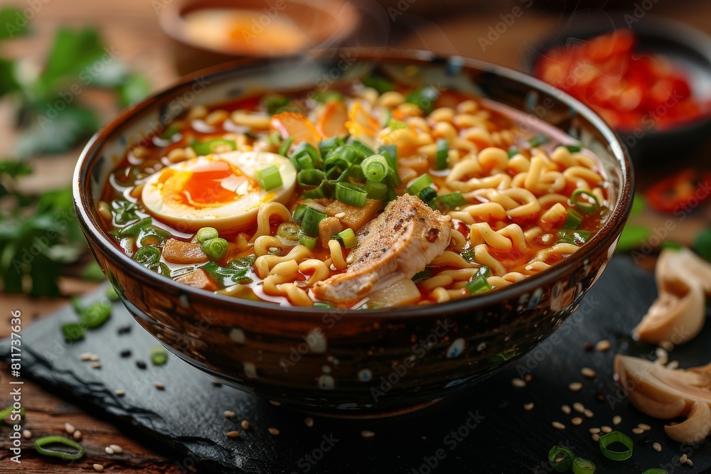 A vibrant bowl of ramen noodle soup topped with chicken slices, fresh vegetables, and a soft-boiled egg, sprinkled with seeds