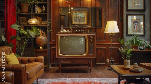 The vintage television Against the backdrop of Retro wallpaper and mid-century furniture.