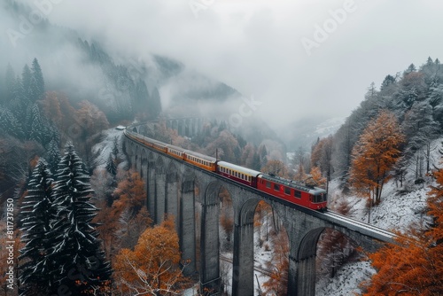 A red train moves across a viaduct with colorful autumn trees and foggy mountains in the background