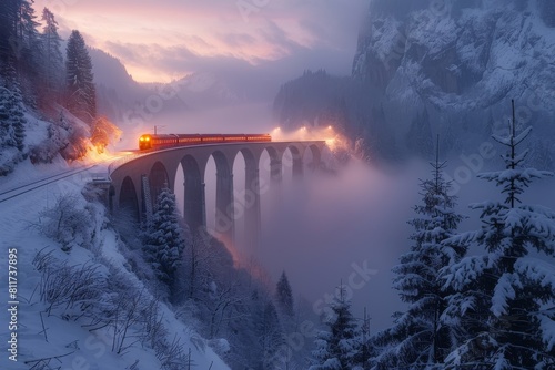 A train crosses an arched bridge illuminated by lights in a snowy, mystical forest at dusk