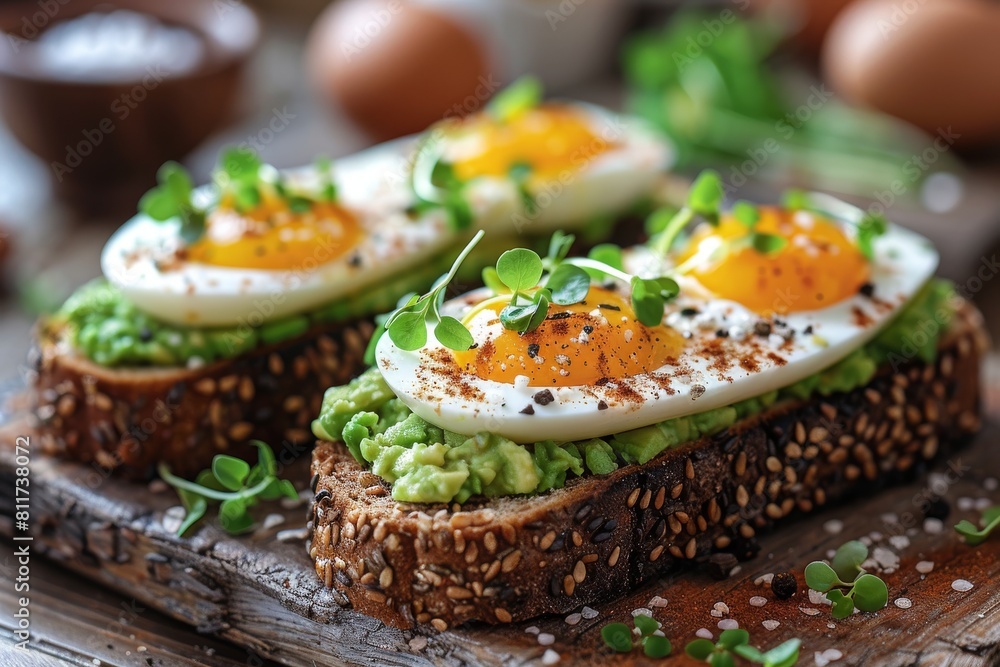 Artisanal avocado toast with soft boiled eggs and sprinkling of seasoning offers a fresh and flavorful meal option Artisanal avocado toast with soft boiled eggs and sprinkling of seasoning offers a fresh and flavorful meal option