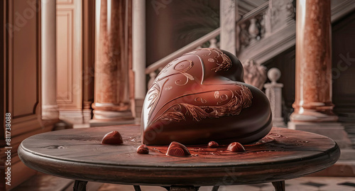 A decadent heart-shaped chocolate  adorned with delicate swirls and intricate designs 