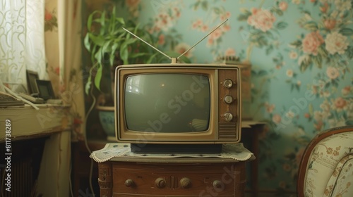 The vintage television Against the backdrop of Retro wallpaper and mid-century furniture.