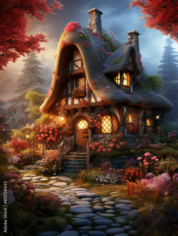 Obraz premium Cabin in the Wood, Cartoon Illustration, Generative AI