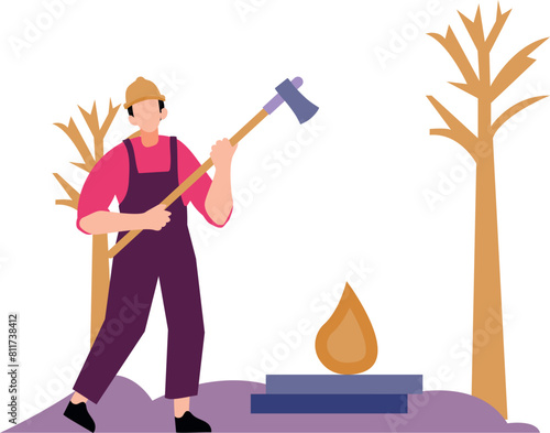 A worker is standing in the forest with an axe.